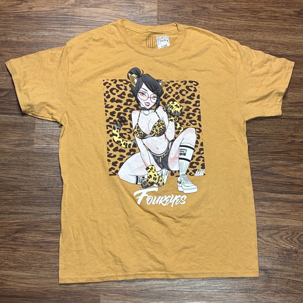 Four Eyes Anime Leopard Cat Girl Graphic Tee Men's Large Mustard Hentai NWT